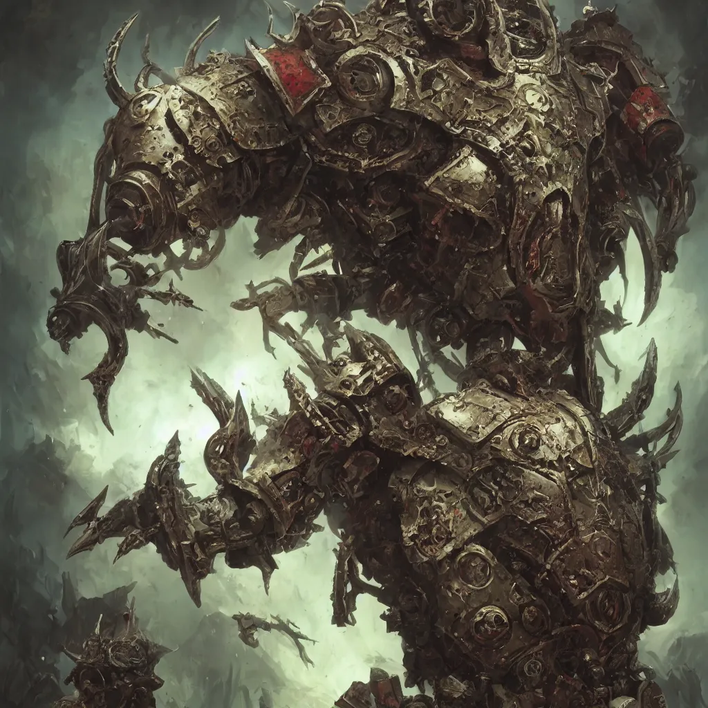 Image similar to hyper realistic portrait of heroic warhammer android head, cinematic, chaos marine, khorne tzeentch nurgle slaanesh, artstation, cgsociety, full head and shoulders, greg rutkowski, james gurney, mignola, craig mullins, brom