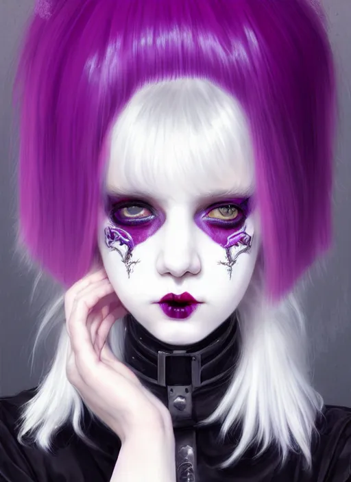 Image similar to portrait of white teenage girl, normal face, white bangs, mall goth, cyberlox, black and white hair, bangs, fluffy bangs, red contact lenses, purple lipstick, intricate, elegant, highly detailed, digital painting, artstation, concept art, sharp focus, smooth, illustration, art by wlop, mars ravelo and greg rutkowski