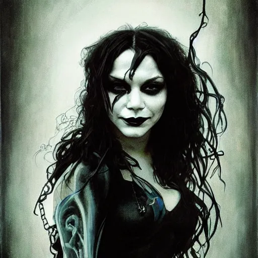 Image similar to beautiful portrait of vanessa hudgens as death from sandman, smiling, by cedric peyravernay, alphonse mucha, by jeremy mann, by lecouffe deharme, goth chic, soft lightning, eyeliner, punk rock, high detailed, 8 k