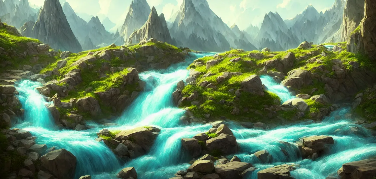 Image similar to lake in mountains streams and rivers flow down slopes of mountains and rocks into the valley spring in mountains, trumpet, by dom qwek, fish eye view, trending on polycount, artstation, 3 d hammer modeling, hd, vray, 8 k, sharp high quality artwork in style of greg rutkowski, concept art, blizzard warcraft artwork, hearthstone card artwork