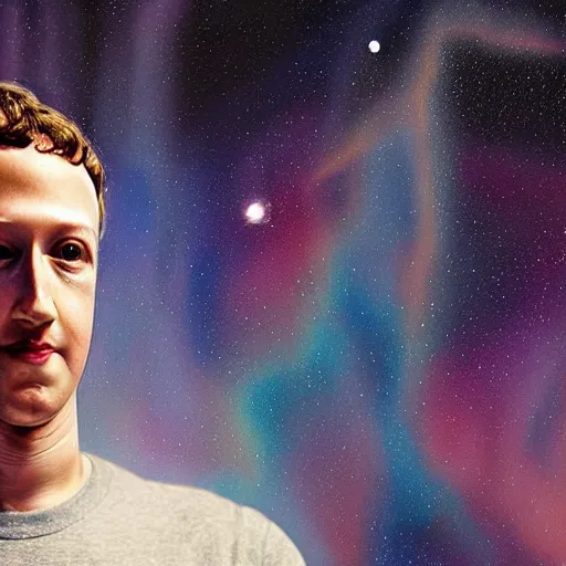 Prompt: mark zuckerberg meditates in space, absorbing the energy of galaxies to create his metaverse, soft light, realism, maximum detail, high quality, good study of style, depth of field, focus, painting classicism and abstractionism