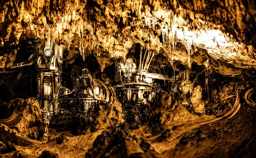 Image similar to large alien machines and alien technology inside of a cave, insanely detailed, complex machinery, stalagmites, jeweled technology, ultrafine detail, 35mm photography