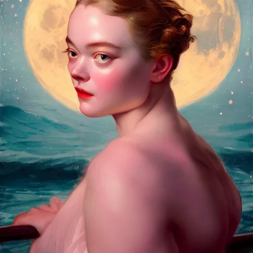 Prompt: leyendecker and peter paul rubens, head and shoulders portrait of a elle fanning, nighttime, on a boat at sea, moon reflection on water, dreamy pink clouds, unreal engine, fantasy art by global illumination, radiant light, detailed and intricate environment