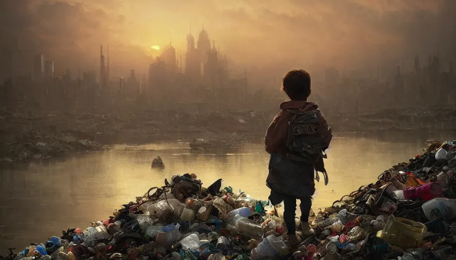 Prompt: poor detailed child with backpack looking for food at garbage dump, city is pure wasteland, moody sunset in background, greg rutkowski, alphonse mucha, trending on artstation, artgerm, unreal engine, breathtaking, award winning, highly detailed