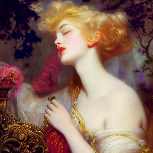 Image similar to blonde beautiful sleeping princess by Franz Xaver Winterhalter and Delphin Enjolras and Rebecca Guay