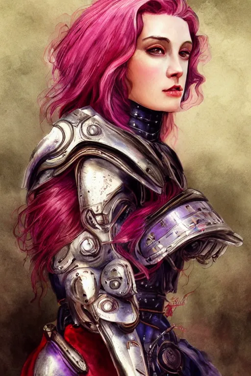 Prompt: intricate beautiful close up, watercolor illustration, beautiful pale woman with purple hair, in black and red bionic armor from the 1 7 th century, blood trails, by sezanne, by rutkowsky, by kinkade, wlop, artgerm, botticelli, matte painting, renaissance painting
