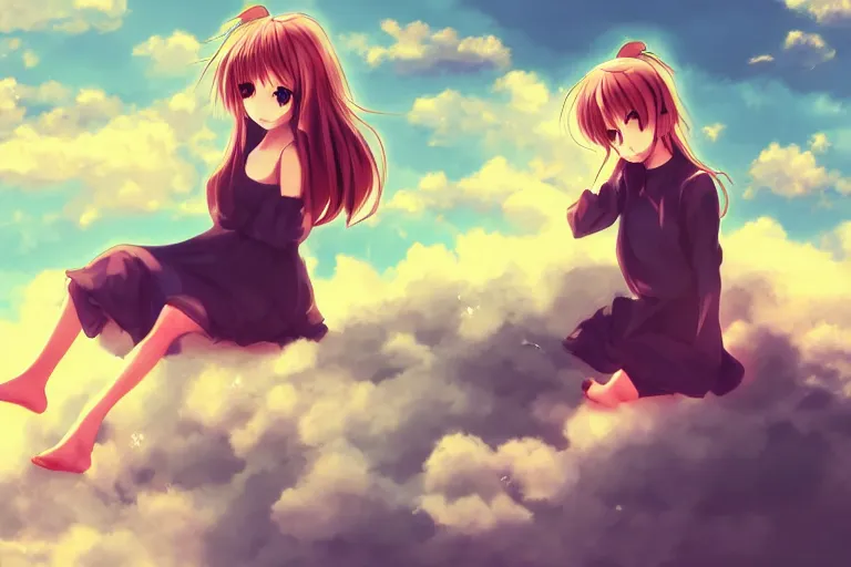 Image similar to a cute anime girl sitting on a cloud, digital art, anime,