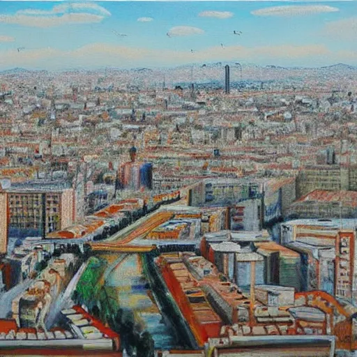 Prompt: bird's eye view of Madrid from Azca, realist painting by Isabel Quintanilla, 1981, W 768
