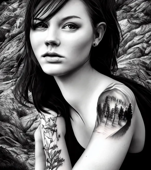 Prompt: a beautiful girl portrait faded in a beautiful mountain background, realism tattoo, in the style of den yakovlev, black and white, hyper realistic, highly detailed