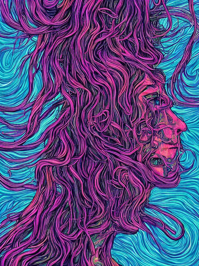 Prompt: a person with thought tendrils emanating from their head, digital art, chromatic