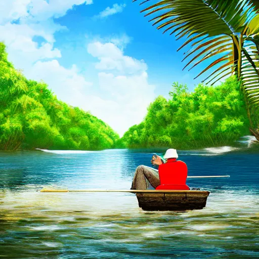 Image similar to the river of life in paradise with a ferrari in the middle and old man fishing fishing