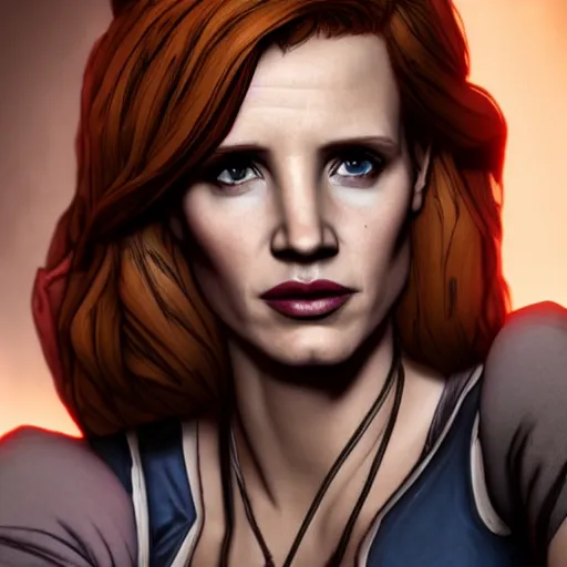 Image similar to jessica chastain portrait, borderlands, tales from the borderlands, the wolf among us, comic, cinematic lighting, studio quality, 8 k