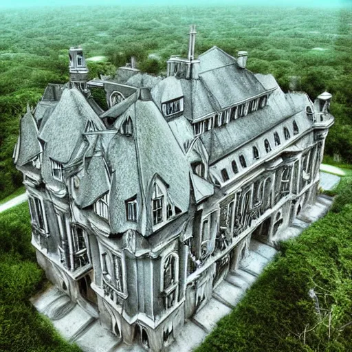 Prompt: victorian monolithic house, fantasy art, hundreds of rooms, colossal, gargantuan, immense, massive, monstrous, tremendous, prodigious, boundless, eternal, infinite, limitless, endless, unfathomable, varied, digital art, birds eye view