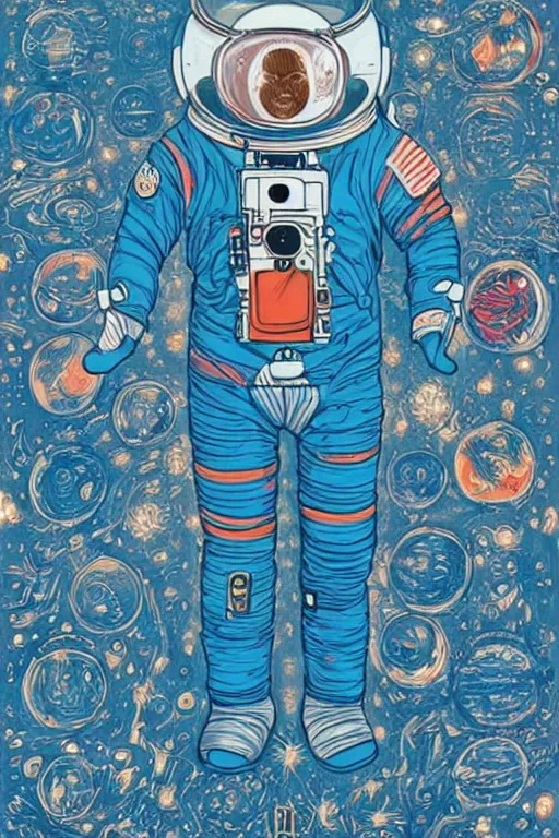 Prompt: symmetrical! James Jean artwork, astronaut in space, colourful