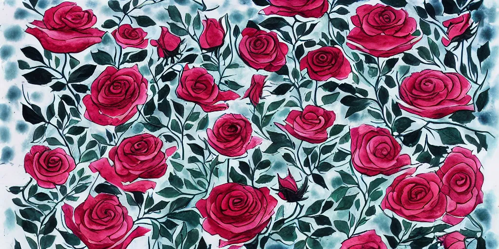 Image similar to sea of roses, ink painting