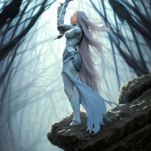 Image similar to wide angle, knight, sleeping on rock, white grey blue color palette, eyes closed, forest, female, d & d, fantasy, intricate, elegant, highly detailed, long silver hair, digital painting, artstation, octane render, concept art, matte, sharp focus, illustration, hearthstone, art by artgerm, alphonse mucha johannes voss