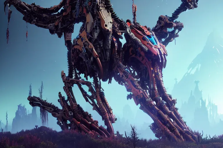 Image similar to wide epic shot. a hyper detailed fanghorn evangelion realistic mechanical and organic creature similar look as horizon forbidden west horizon zero dawn, bioluminiscence in a dark deep forest at dawn in spring, with reflection and textures, by kilian eng, substance painter reaslitic mech surface metal painted scratches, world env from horizon forbidden west horizon zero dawn