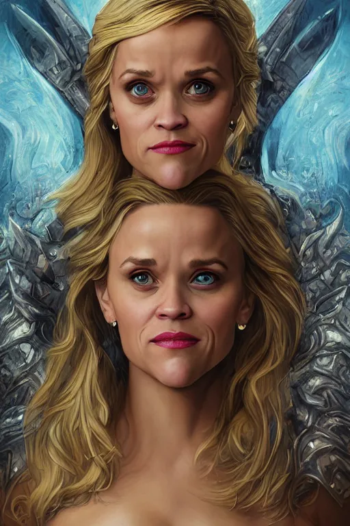 Image similar to A fantasy comic book style portrait painting of, hybrid of Reese Witherspoon, Rachel McAdams, as an Atlantean, Reptilian Warrior, Mystical Valkyrie, Armor, Sword, Spear, Sheild, François Boucher, Oil Painting, unreal 5, DAZ, hype realistic, octane render, Regal, Refined, Coherent, Detailed Digital Art, RPG portrait, William-Adolphe Bouguereau, Michael Cheval, Walt Disney (1937), Steampunk, golden dappled lighting, dynamic lighting, Highly Detailed, Cinematic Lighting, Unreal Engine, 8k, HD