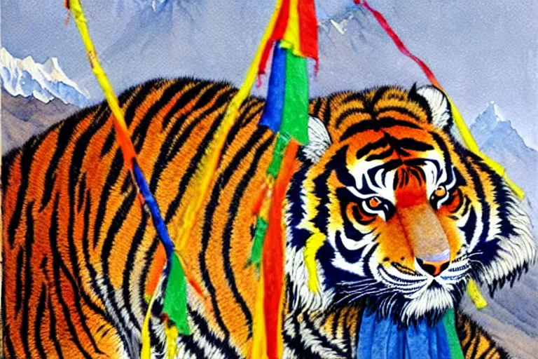 Prompt: a hyperrealist watercolour character concept art portrait of tibetan style tiger in the himalayans. prayer flags adorned. neon flowers. by rebecca guay, michael kaluta, charles vess and jean moebius giraud