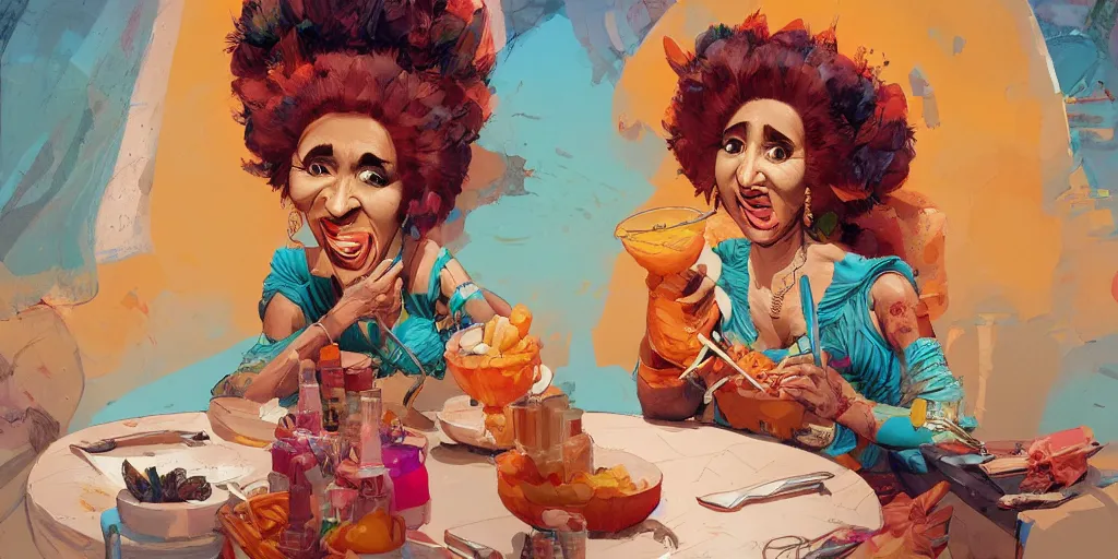 Prompt: cartoonish celia cruz eating dinner, vivid colors, character sheet, fine details, concept design, contrast, kim jung gi, greg rutkowski, enki bilal, trending on artstation, 8 k, full body, turnaround, front view, back view, ultra wide angle