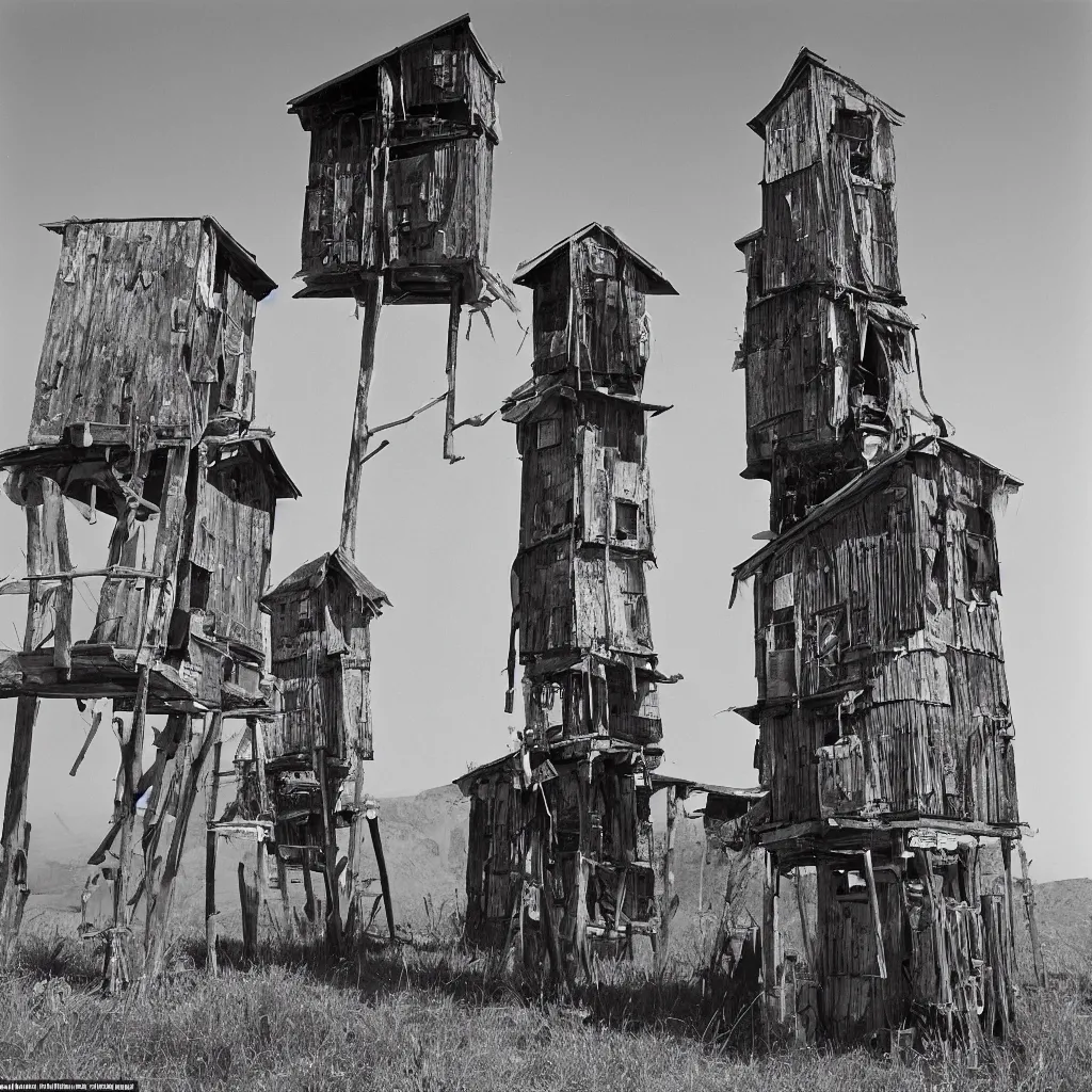 Image similar to two large towers, made up of makeshift squatter shacks, misty, mamiya rb 6 7, very detailed, photographed by ansel adams