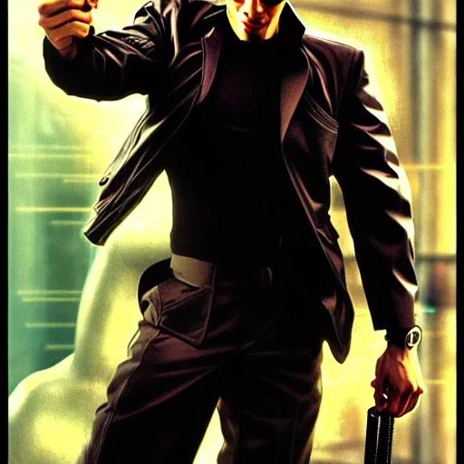 Image similar to fast fit good looking man in bullet time, action pose, like matrix, cyberpunk, photorealistic, highly detailed, masterpiece, by alphonse mucha