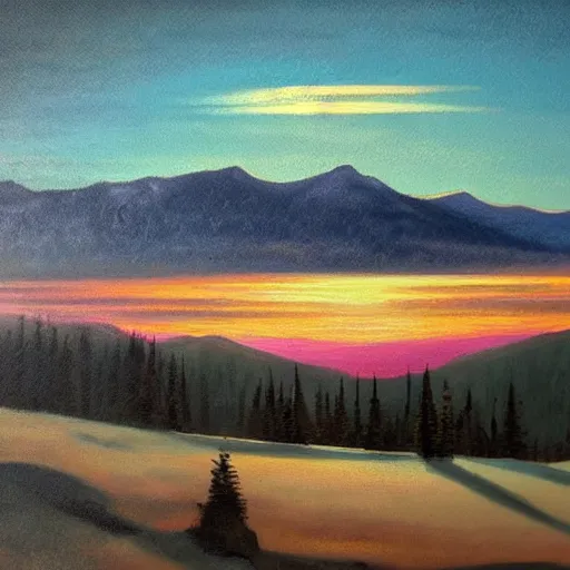 Image similar to beautiful vintage painting, whistler mountain sunset, boho, midcentury, modern, muted pastel colors, top lit, detailed, beautiful solid colors, edge to edge, full frame, intricate, elegant, highly detailed, smooth, sharp focus, high contrast, dramatic lighting, art by caravaggio