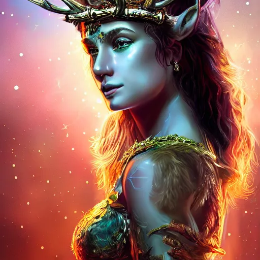 Image similar to highly detailed full body portrait of Artemis, goddess of the hunt and the moon, wearing a crown made of antlers, cinematic lightning, bright colors, intricate, masterpiece, photorealistic, hiperrealistic, sharp focus, high contrast, Artstation HQ, DeviantArt trending, 4k UHD, Unreal Engine 5