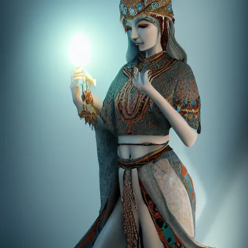 Image similar to turkic goddess of fertility, umay, cinematic lighting, render quality 8 k, detailed