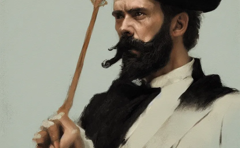 Prompt: a painting of the all father holding a cane trending on artstation in the style of greg rutkowski, beautiful, male, sensual, wise, natural skin, black beard, leader, cane, 1 8 0 0 s, industrialization, top hat