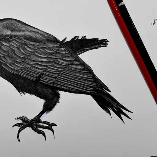 Image similar to detailed crow illustration, full body, black ink on white paper, sketched 4k