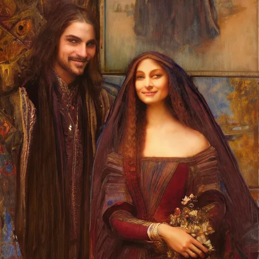 Image similar to detailed painting of prince william marrying attractive mona lisa, highly detailed painting by gaston bussiere, craig mullins, j. c. leyendecker 8 k, smiling couple, royal painting