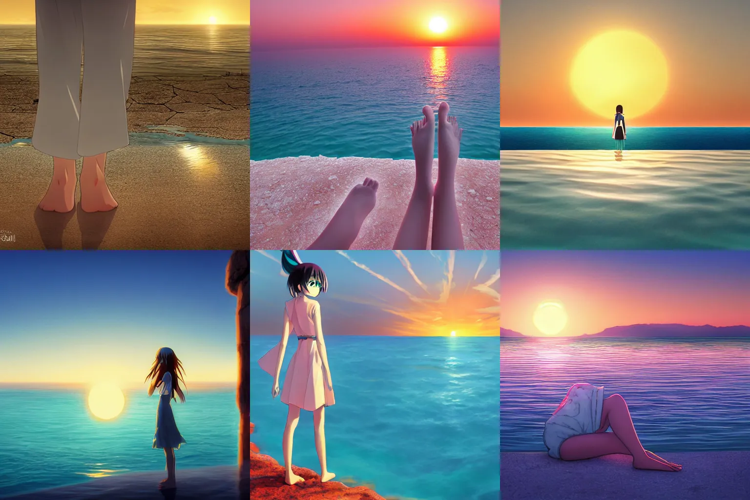 Prompt: Hatsune Miku stands bare foot in the Dead Sea with the sun setting, anime, by Makoto Shinkai, landscape, Dead Sea, setting sun