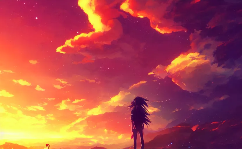 Prompt: anime scene background, no characters, anime painting, 3d render, hyper realistic, dramatic lighting, the sky is a nebula on fire, 8k hdr pixiv dslr photo by Makoto Shinkai ilya kuvshinov and Wojtek Fus, digital art, concept art,