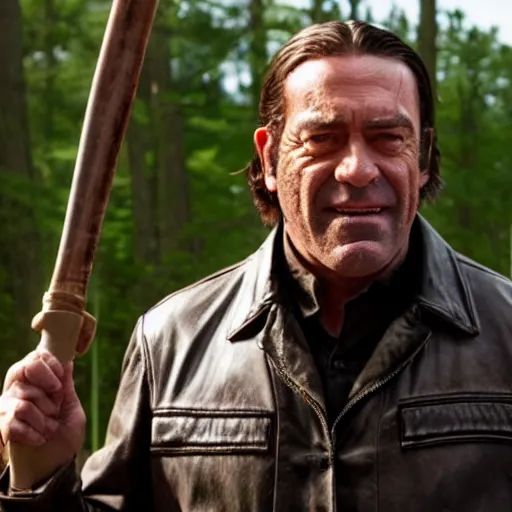 Image similar to cinematic still from the walking dead tv show with negan played by anton chigurh, anton is smiling and holding baseball bat, dark