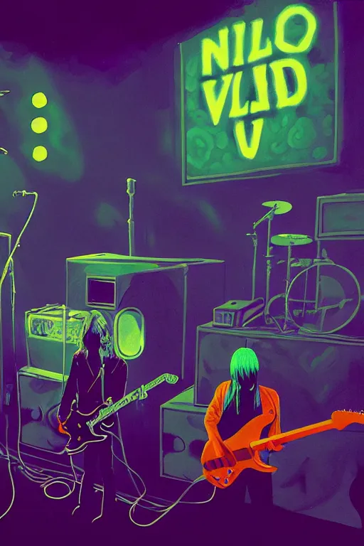 Prompt: the velvet underground and nico playing live on stage at a night club, beautiful stage decoration with flowers in the background, painting by simon stalenhag, very detailed and colorful and toned down and ornamental and moody and cool and relaxed and high on drugs, trending on artstation, behance contest winner