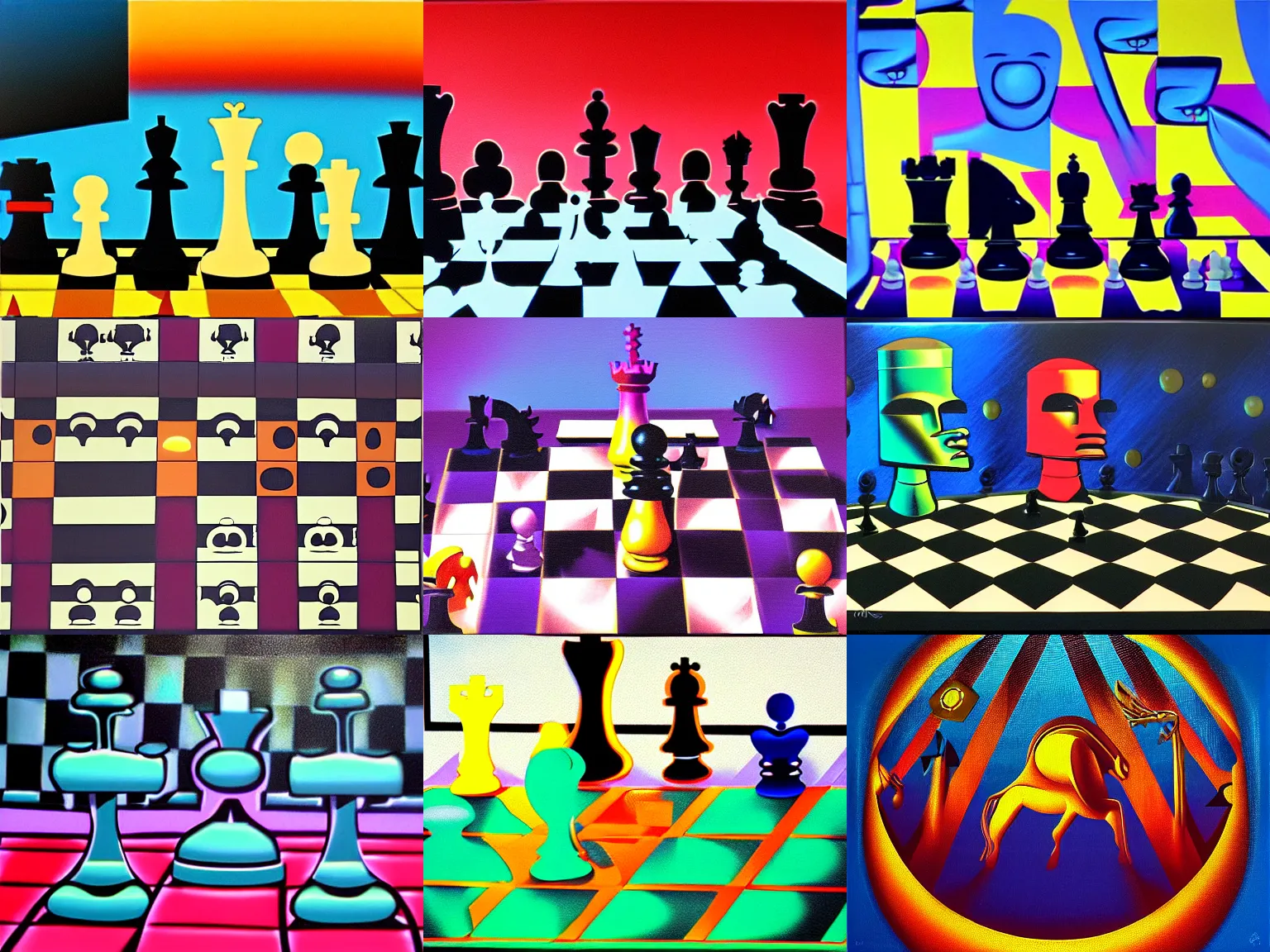 Prompt: surreal chess, 80s style, synthwave, matte colors, oil on canvas