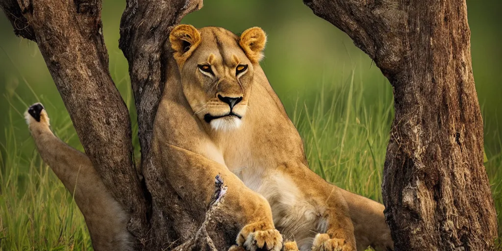 Prompt: scenic nature photography, award winning picture of a cuddly lioness in a tree. the tree is in the middle of the savannah nearby a water hole. extreme detail, hyperrealistic photo, smooth, trending on artstation