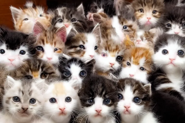 Image similar to a living room full of cute kittens that are all sitting positioned facing directly at the camera and all of the kittens are looking directly into the camera