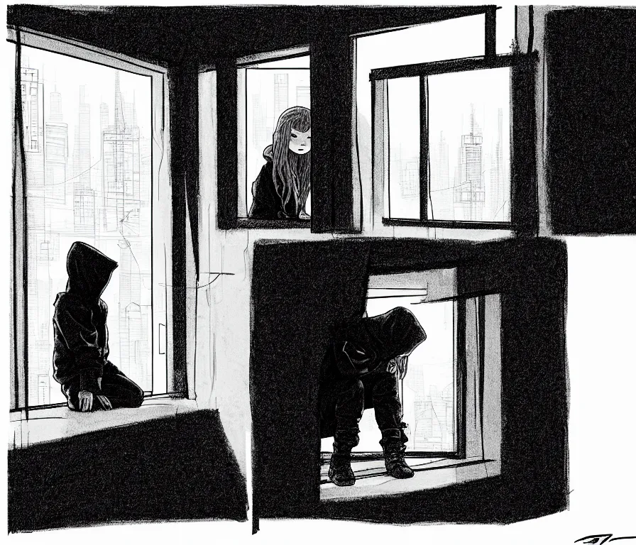 Image similar to sadie sink in hoodie sits on windowsill, knees tucked in | rain falls at night : storyboard drawing, scifi cyberpunk, b & w. by gabriel hardman, joe alves, chris bonura. cinematic atmosphere, detailed and intricate, perfect anatomy