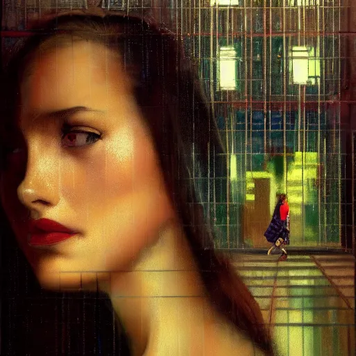 Image similar to detailed portrait of a woman, moment, cyberpunk cloisters, electronic billboards, tech noir, wet reflections, atmospheric, ambient, livia prima, greg rutkowski, wlop, george tooker, gil elvgren, grant wood, alexis flower, hopper, mucha, whistler, norman rockwell, peter max,