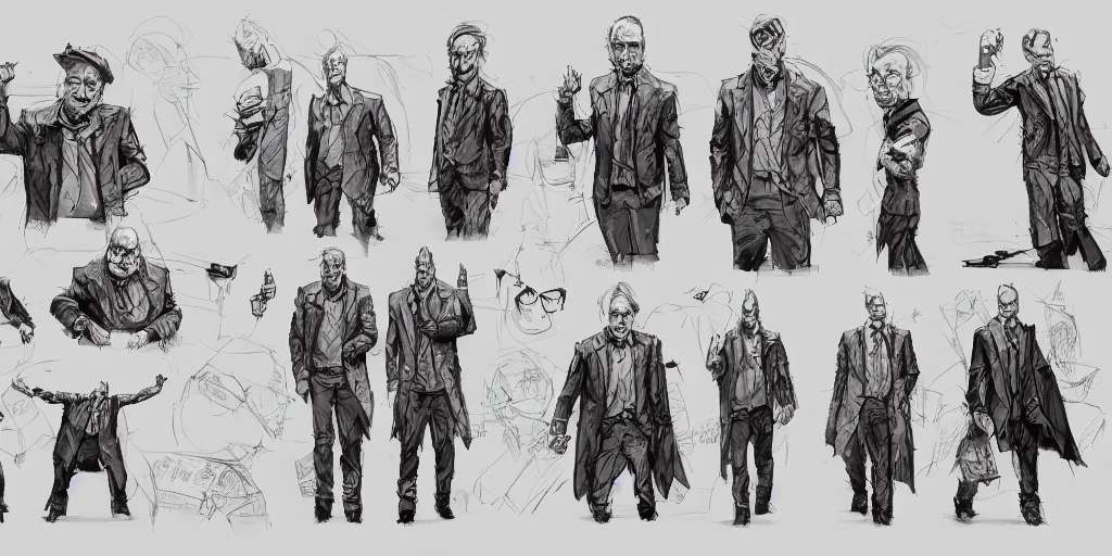 Prompt: saul goodman, character sheet, concept design, contrast, kim jung gi, greg rutkowski, zabrocki, karlkka, jayison devadas, trending on artstation, 8 k, ultra wide angle, pincushion lens effect