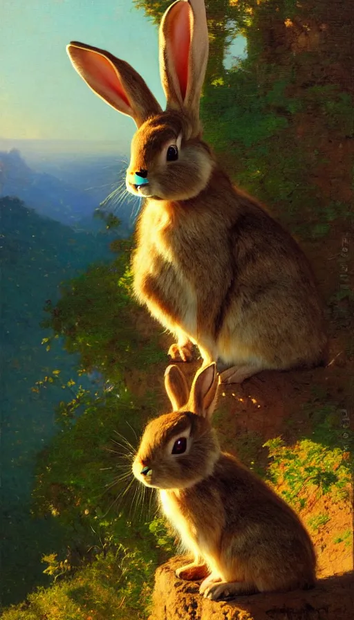 Image similar to hyper realistic rabbit looking off of a cliff, sun setting behind rabbit, lush forest in valley below, painted by gaston bussiere, craig mullins, j. c. leyendecker 8 k