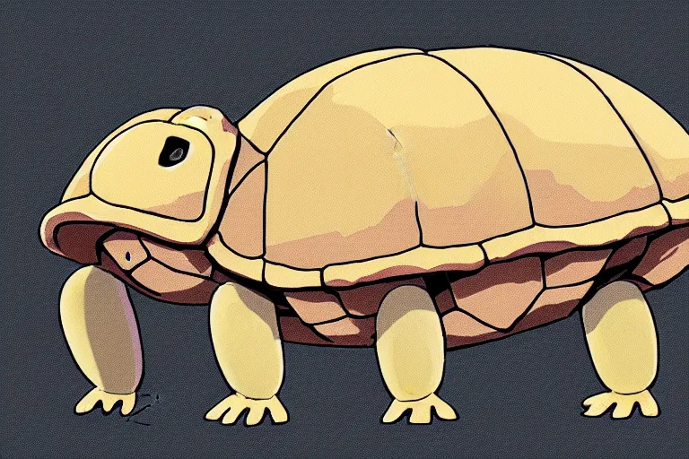 Image similar to a study of a cell shaded cartoon of a beige mechanical tortoise from howl's moving castle ( 2 0 0 4 ), at a gas station, full body, wide shot, very muted colors, post grunge, studio ghibli, laurie greasley, highly detailed, deviantart, art by artgem