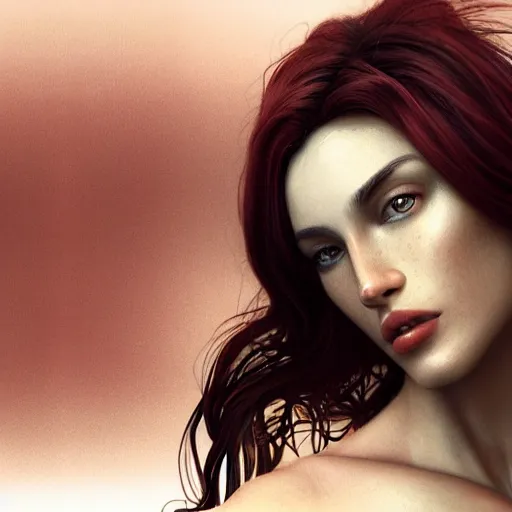 Prompt: Glamorous Runway Model, long fan blown dark reddish hair, tight bone structure, olive skin, intricate, elegant, highly detailed, octane render, photorealistic, smooth, depth of field blur, illustration, art by artgerm and James Jean, John Harris and Gregory Crewdson