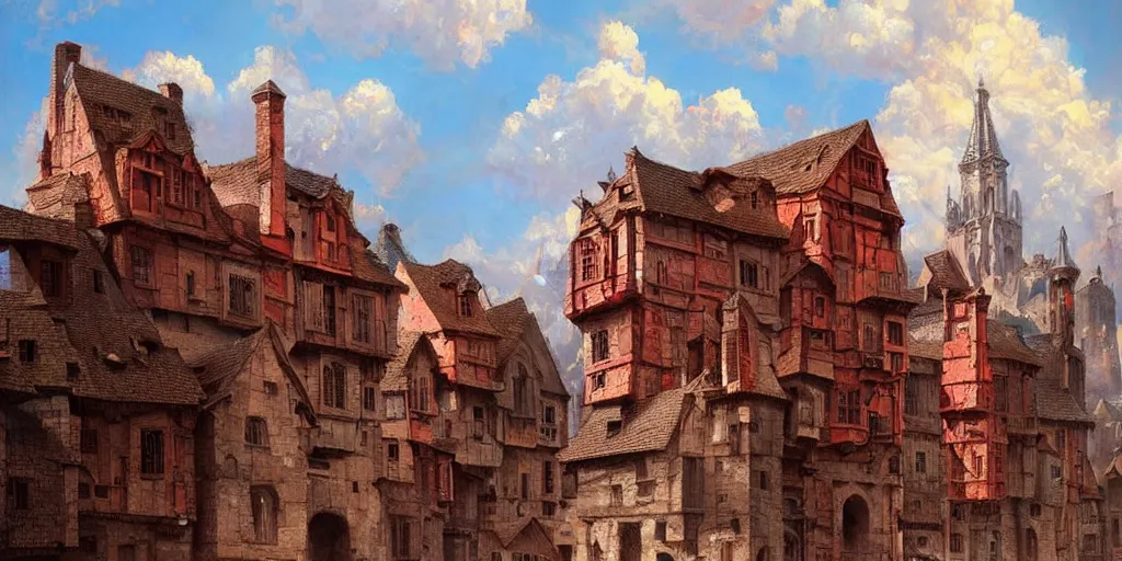 Image similar to hyper realistic oil painting of a medieval city, houses made out of red stone, houses made out of white stone, hyper detailed, high contrast, bright, summer, blue skies, by Greg Rutkowski, trending on artstation