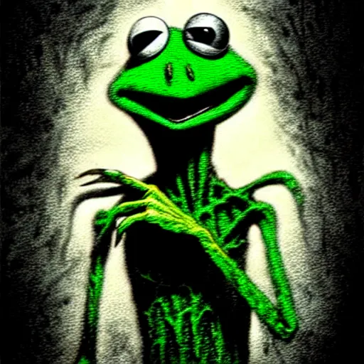 Image similar to grunge cartoon drawing of kermit the frog by - michael karcz , in the style of corpse bride, loony toons style, horror themed, detailed, elegant, intricate