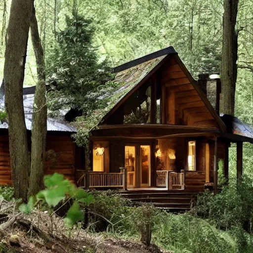 Image similar to angelina jolie as a a beautiful wood cabin in the forest