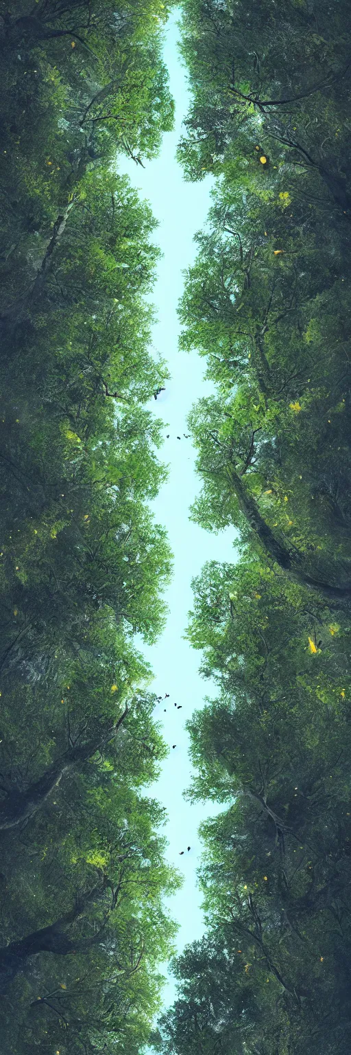 Image similar to vertical panoramic shot of an anime character, looking up, tall trees, nighttime, fireflies, trending on artstation, digital art