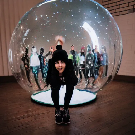 Prompt: a teenage emo girl squatting inside a giant snowglobe, editorial photography, in a photo studio